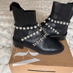 Zara Black Ankle Boots with Pearl Embellishments